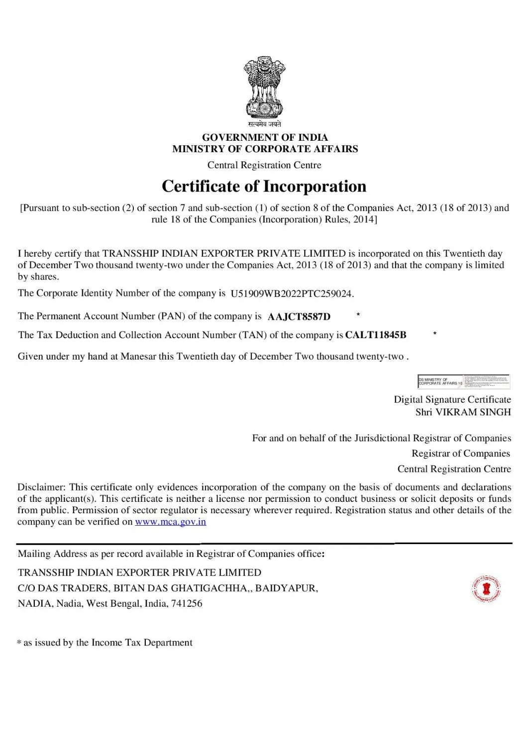 Certificate of Incorporation